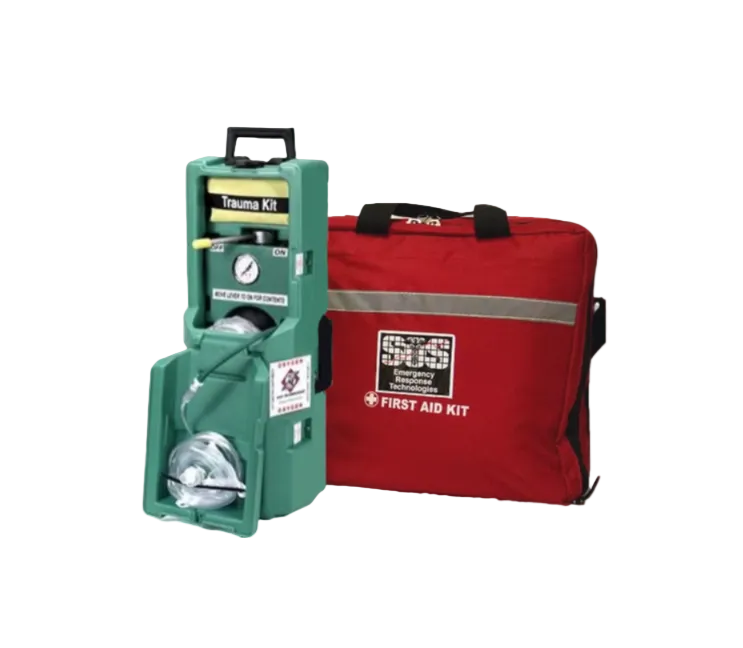 Green oxygen trauma kit and red first aid bag